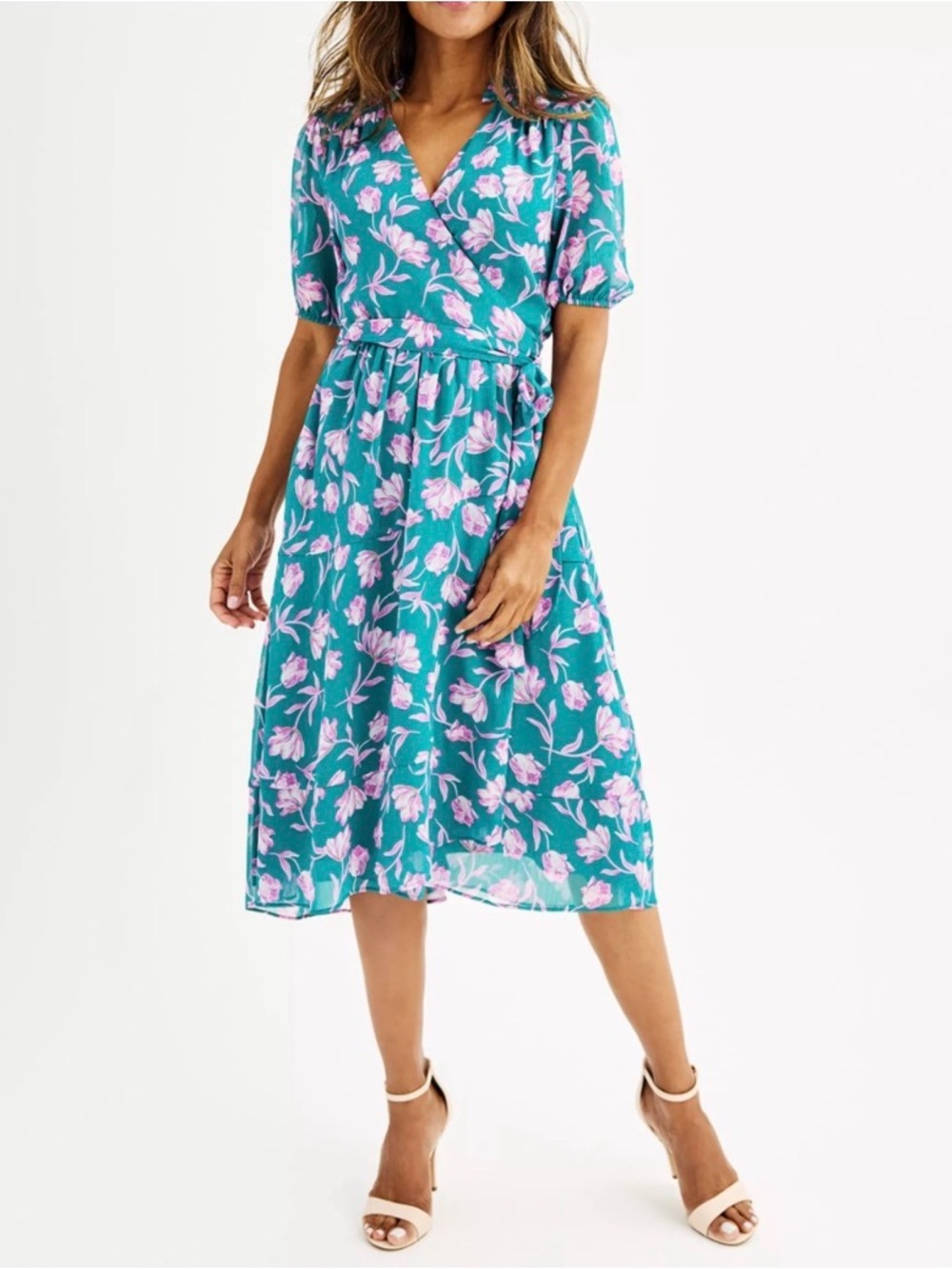 Draper James RSVP Teal/Lavender Floral Wrap Midi Dress